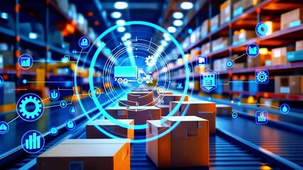 Digital representation of logistics and supply chain management in a warehouse with boxes and technology