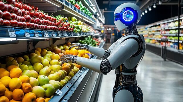 A robot shops for fresh produce in a modern supermarket, showcasing innovation