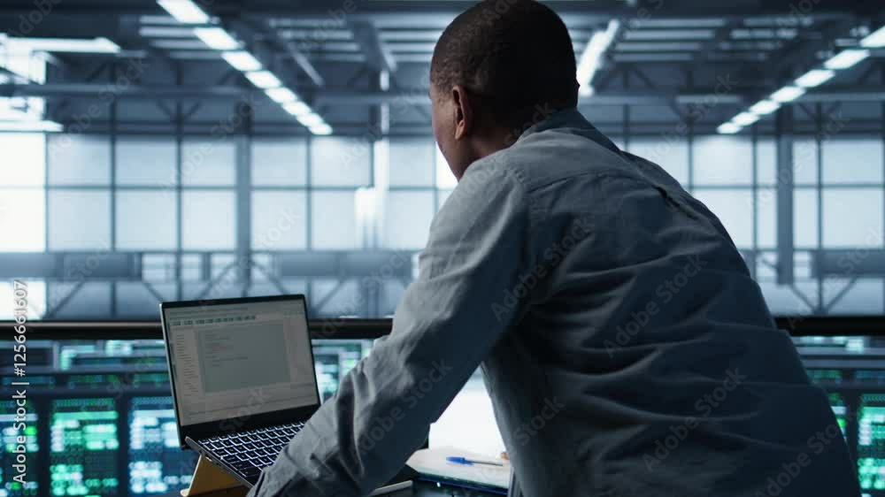 Poster technician in data center using laptop, adjusting power management settings, using programming langu