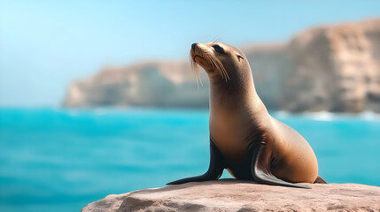 Fototapeta premium A serene sea lion perched on a rock, gazing thoughtfully at the beautiful ocean waves and distant coastline.