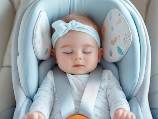 Peaceful baby in car seat with soft blue accessories, relaxing and safe journey for newborns and infants
