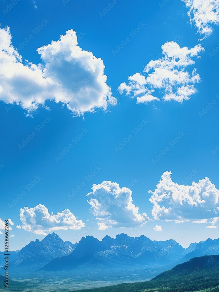 Poster Majestic mountain range under soft clouds with endless blue sky waiting for adventure and exploration. Generative AI