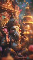 Obraz premium Ganesh Statue in Indian Night Festival with Lanterns, Fireworks, and Floating Confetti. Copy space. Generative AI