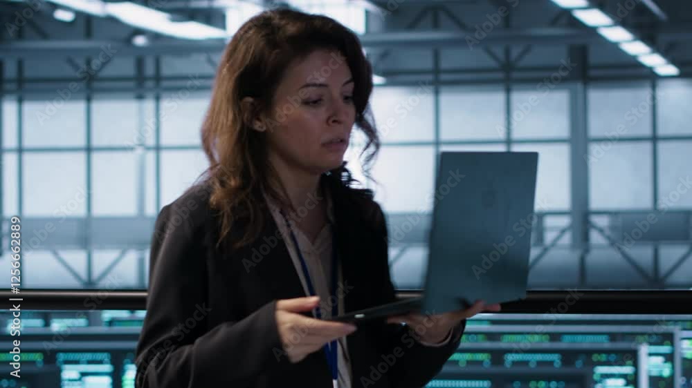 Poster cybersecurity expert in data center frantically trying to counter a hacker attack. server room worke