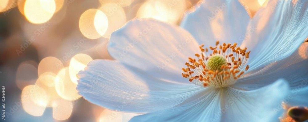 Poster white flower in soft focus with warm bokeh background