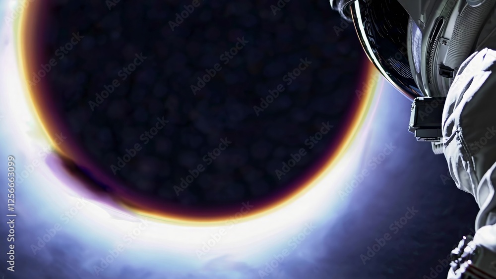 Poster astronaut wearing a spacesuit is performing a spacewalk near a dark planet with a colorful glowing a
