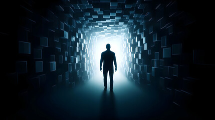 Fototapeta premium A silhouette of a person standing at the end of a tunnel, symbolizing exploration and the journey towards light.
