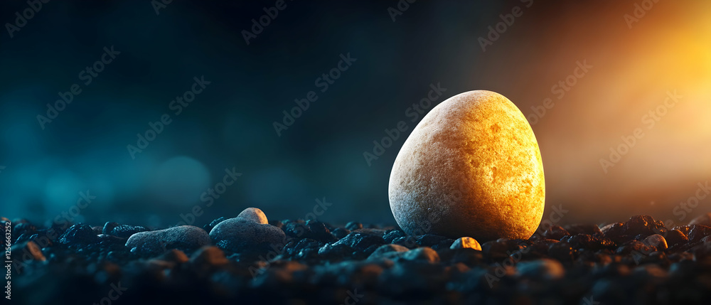 Poster a single egg resting on a textured surface with dramatic lighting, creating a captivating focal poin