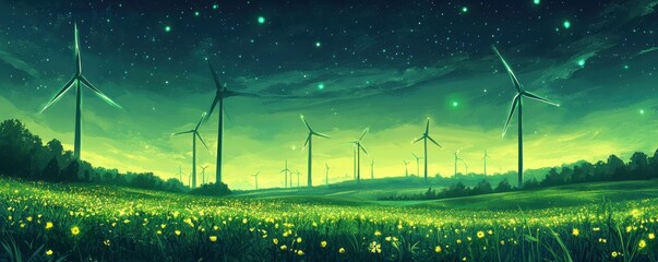 Wind turbines in a starry night landscape with blooming meadow
