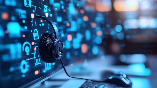 Headset hanging from computer monitor displaying futuristic interface in empty office - Powered by Adobe