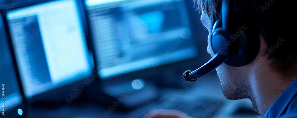 Poster Programmer working with headset on multiple computer screens