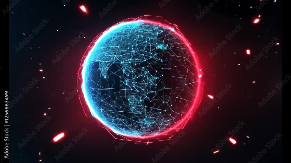 Poster futuristic planet rotating in space, featuring a glowing plexus mesh and particles, creating a capti