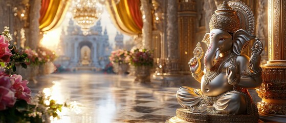 Fototapeta premium Ganesh Statue in Indian Palace with Ornate Pillars, Silk Drapes, and Festive Chandeliers. Copy space. Generative AI