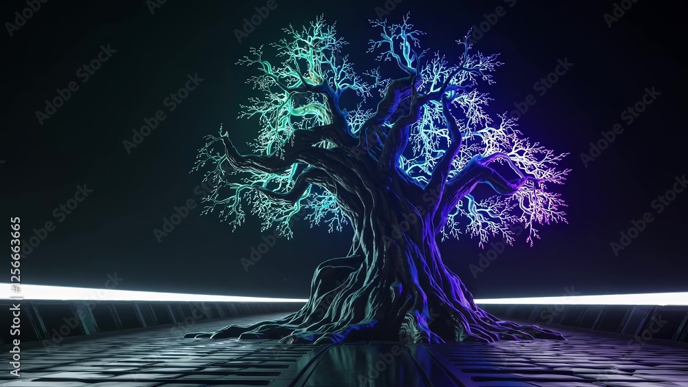 Poster futuristic, glowing tree with vibrant neon colors illuminates a dark path in a mysterious and otherw