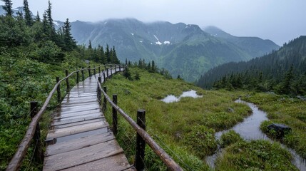 Wooden walkway mountain landscape rain