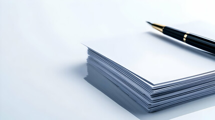 A sleek black pen resting on a stack of blank papers on a clean surface, ideal for professional correspondence.