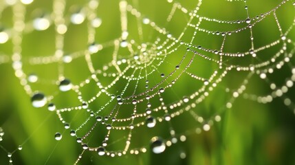 Naklejka premium Delicate spiderweb draped with glistening dew drops in emerald green field