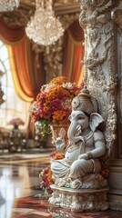 Fototapeta premium Ganesh Statue in Indian Palace with Ornate Pillars, Silk Drapes, and Festive Chandeliers. Copy space. Generative AI