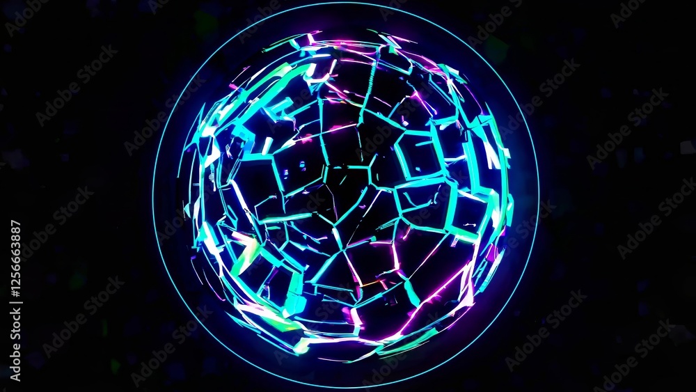 Poster bright neon sphere breaking apart and rotating in empty space, with glowing fragments and shards cre