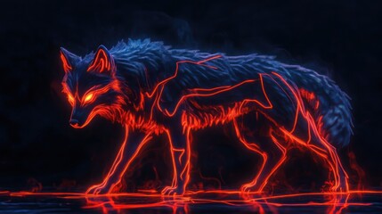 Fiery wolf walking on dark surface, fantasy art