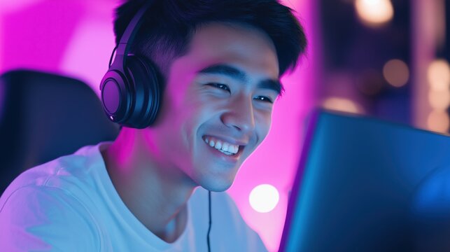 Young man enjoying gaming experience with headphones in a colorful room at night.