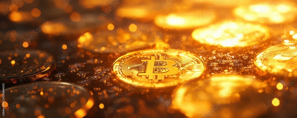 Poster golden bitcoins in warm light with sparkling reflections