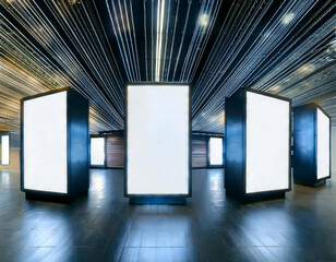 Bright vertical blank screens in dark exhibition hall with modern design concept and clean illuminated panels. 3D Rendering