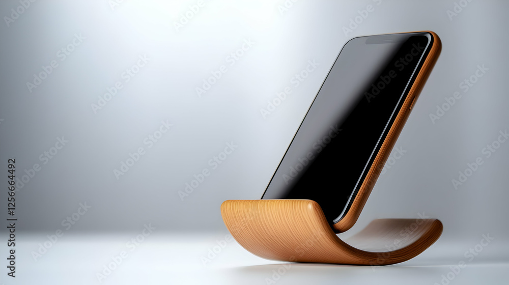 Poster a sleek smartphone on a stylish wooden stand, exemplifying modern design and functionality in the te