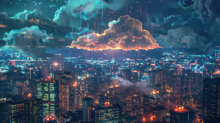 glowing digital cloud hovers over a futuristic cityscape at night
