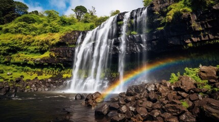 Majestic cascade with a rainbow arc at falls beautiful natural scenery