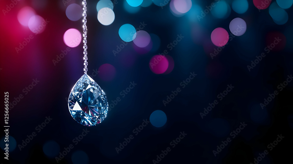 Poster a sparkling crystal drop glimmers against a vibrant backdrop of colorful bokeh lights, adding elegan