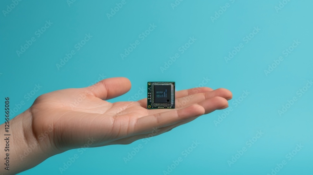 Aufkleber an open hand holding a microchip in a modern composition, paired with a clean blue background. perfe