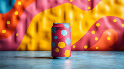 Neo pop art soda can mockup with retro screen printing effects and dynamic shapes colorful vibrant commercial