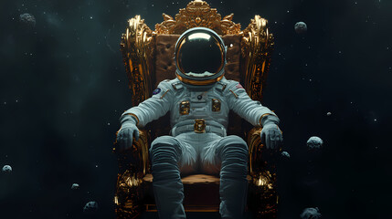 Astronaut in ornate chair, futuristic space suit, dark background. Ornate Celestial Thrones. Illustration