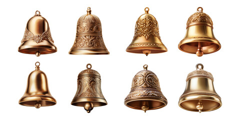 Decorative Bronze and Gold Bells Collection with Intricate Designs, isolated on transparent background