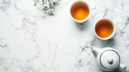 Two Cups of Tea on a Marble Table with White Flowers