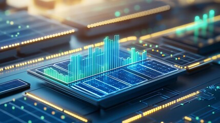 Obraz premium Futuristic digital graph displayed on a microchip, representing data analysis and technological advancement.
