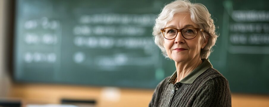 Senior female teacher smiling in front of chalkboard in classroom