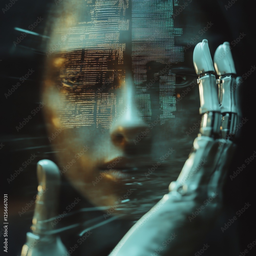 Aufkleber humanoid robot with illuminated digital patterns overlaying its face, creating a moody sci-fi atmosp