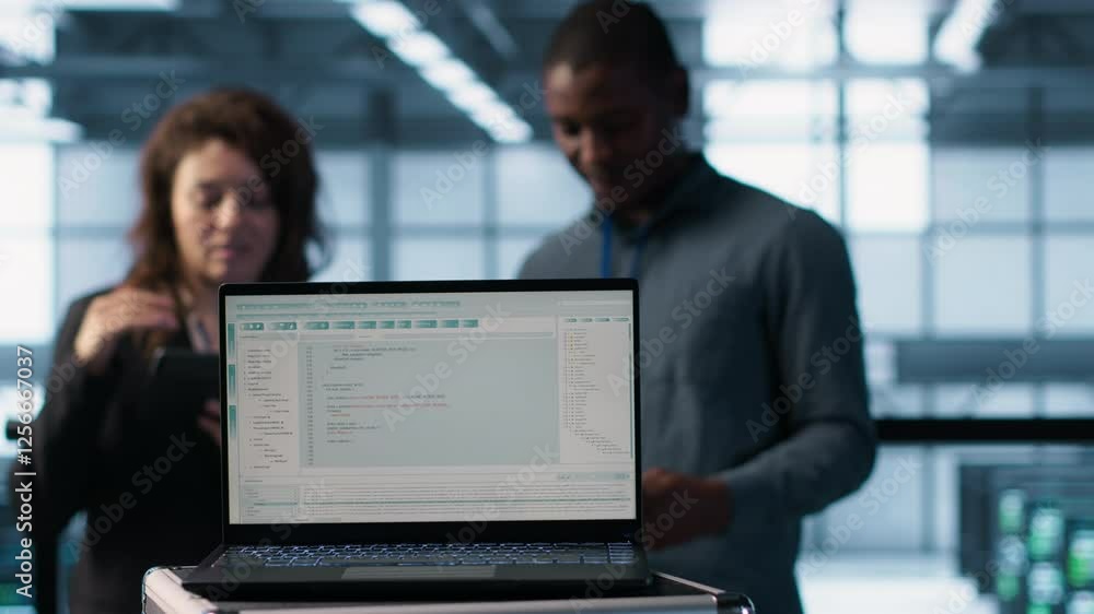 Poster lines of code on laptop display used by teamworking data center colleagues to run security patches. 