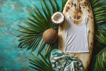 Surfboard with tropical leaves, coconuts, and casual shirt on vibrant background