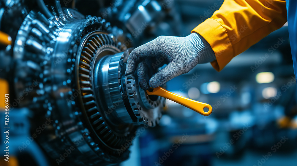 Poster a close-up of an engineerâs gloved hands using a wrench to tighten bolts on an aircraft engine, wi