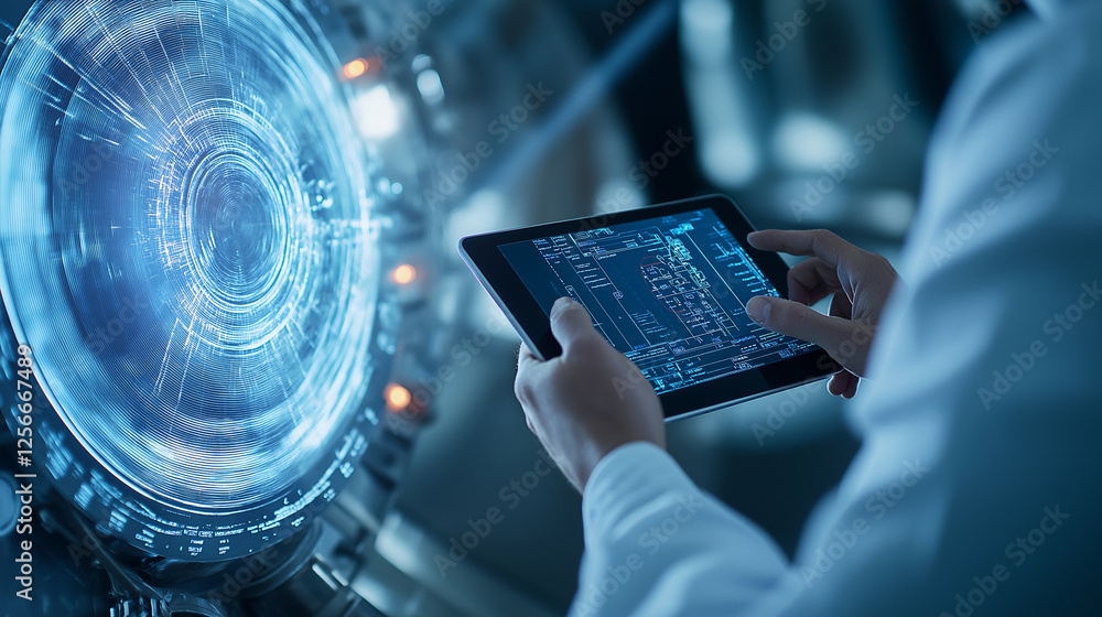 Aufkleber a close-up of an engineerâs hands using a tablet to check schematics and real-time engine diagnost