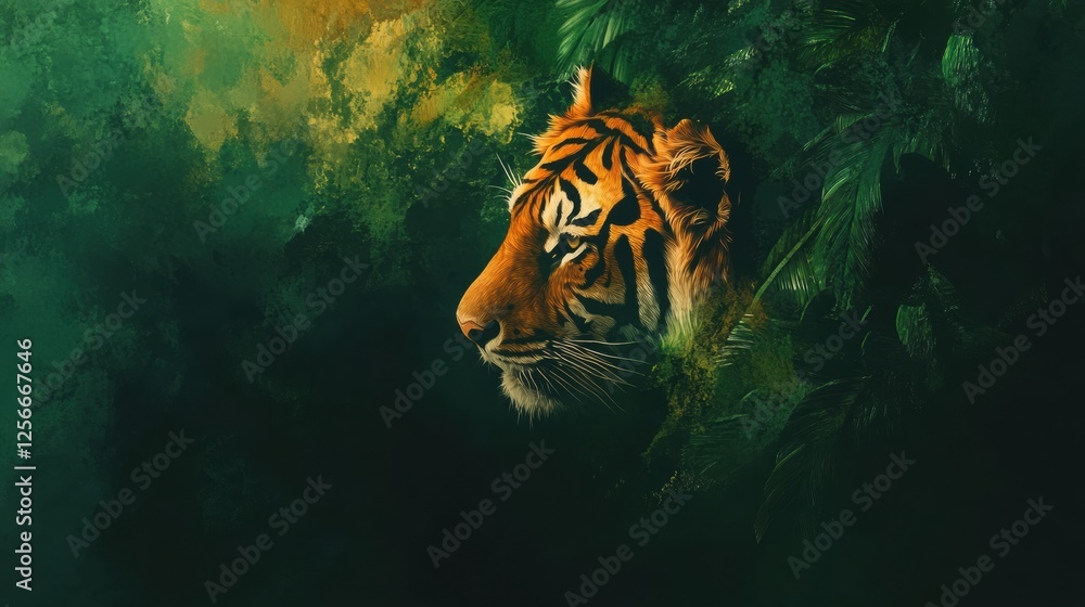 Poster vibrant portrait of a tiger set against a lush jungle background with ample room for text. generativ