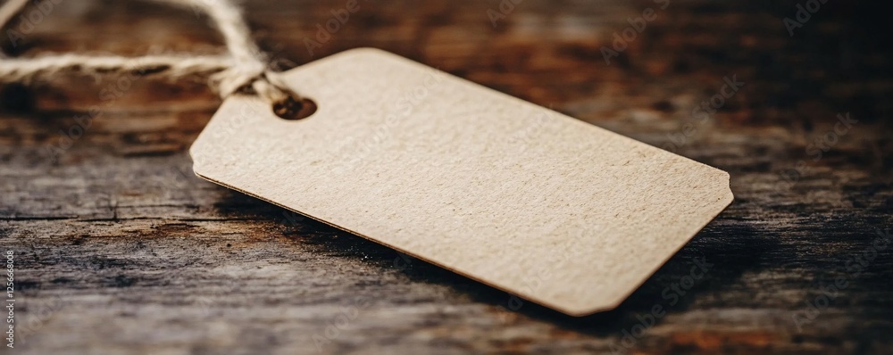 Poster blank price tag lying on rustic wooden surface with copy space