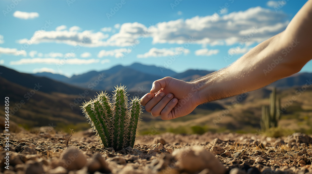 Poster a desert setting where a human hand and a cactus form a handshake, the contrast between resilience a