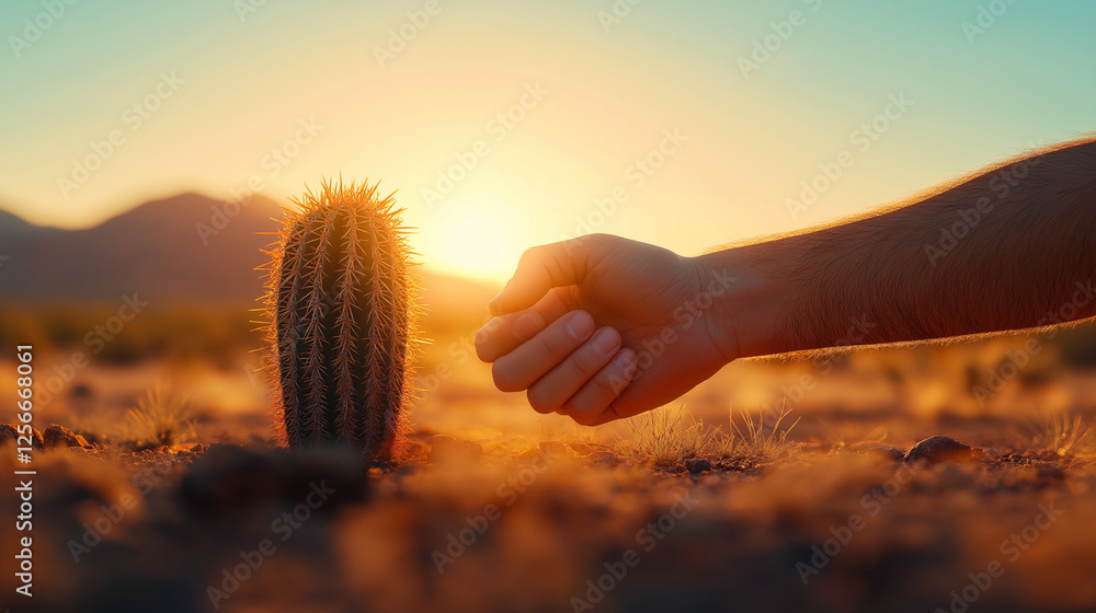 Poster a desert setting where a human hand and a cactus form a handshake, the contrast between resilience a