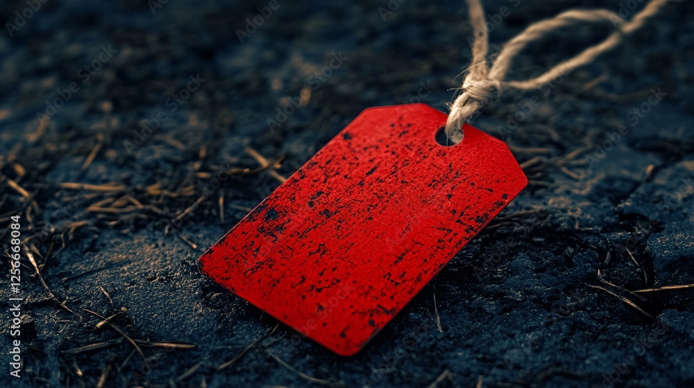 Poster Red worn price tag laying on the ground with string attached