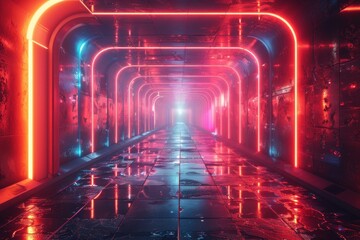 Long tunnel with neon lights underground passageway with glowing lights futuristic urban cityscape concept of technology industry transportation nightlife