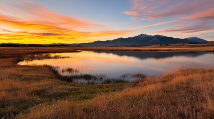 Serene Sunset Landscape with Mountain Reflection